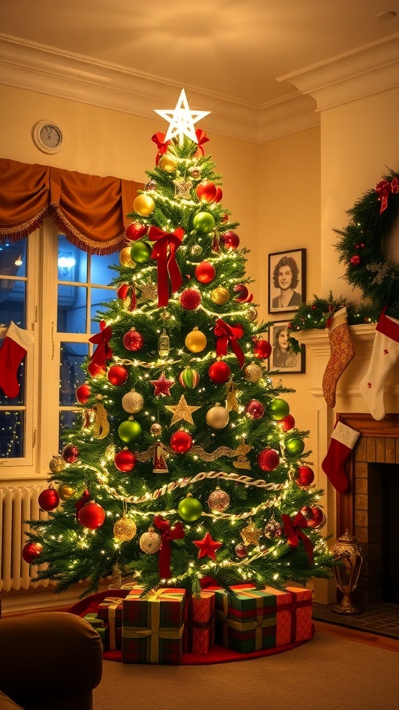 Creative Christmas Tree Ideas A traditional Christmas tree with lights and ornaments in a festive living room.